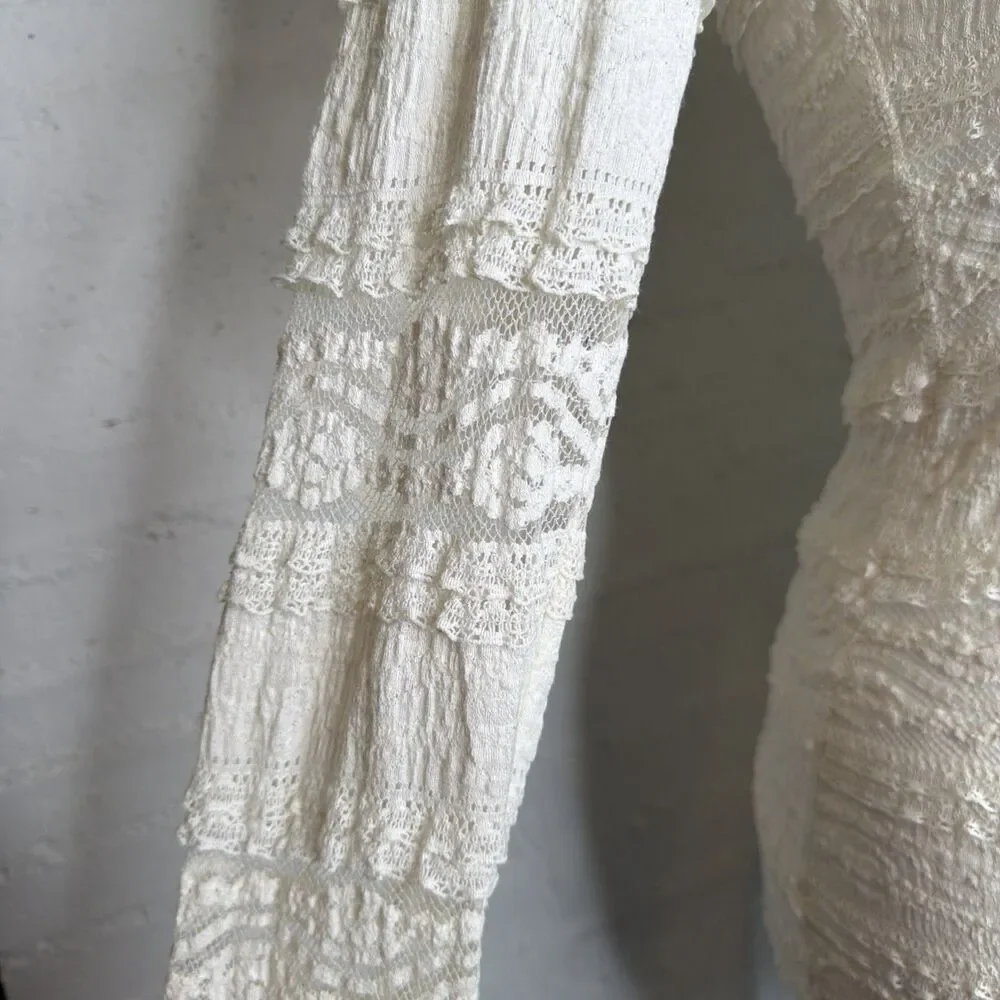 Long-Sleeve Sheer Lace Layering Tunic Cream Y2K Boho Fairy Coquette